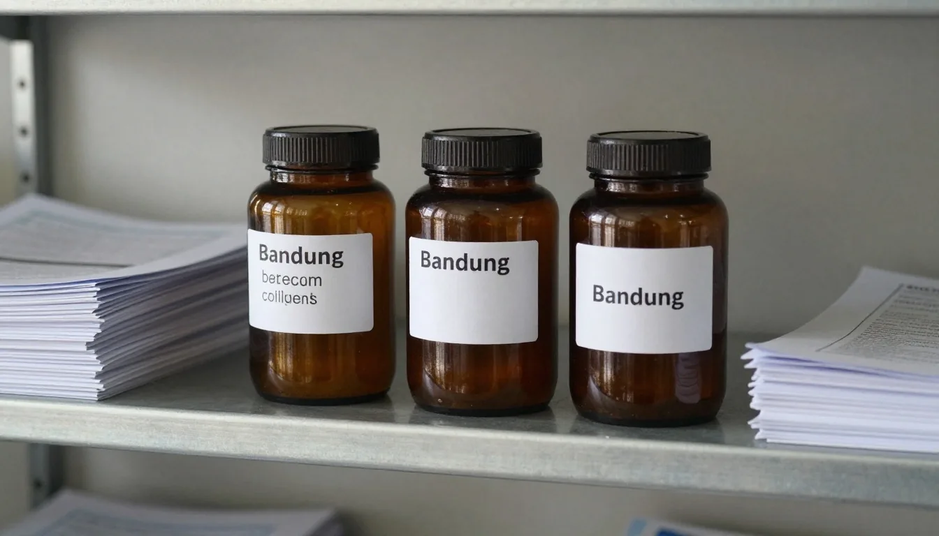 Supplement jars, reference folders, and a small fern cutting on a steel shelf in the LelakiOptimal office in Bandung