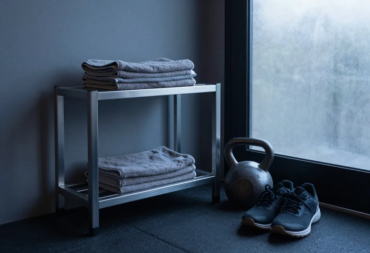 A quiet training corner with a steel shelf, kettlebell and shoes under cool morning light