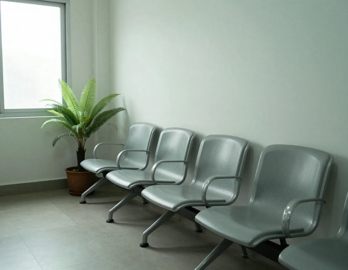 A quiet clinic waiting area with simple chairs and a fern by a bright window