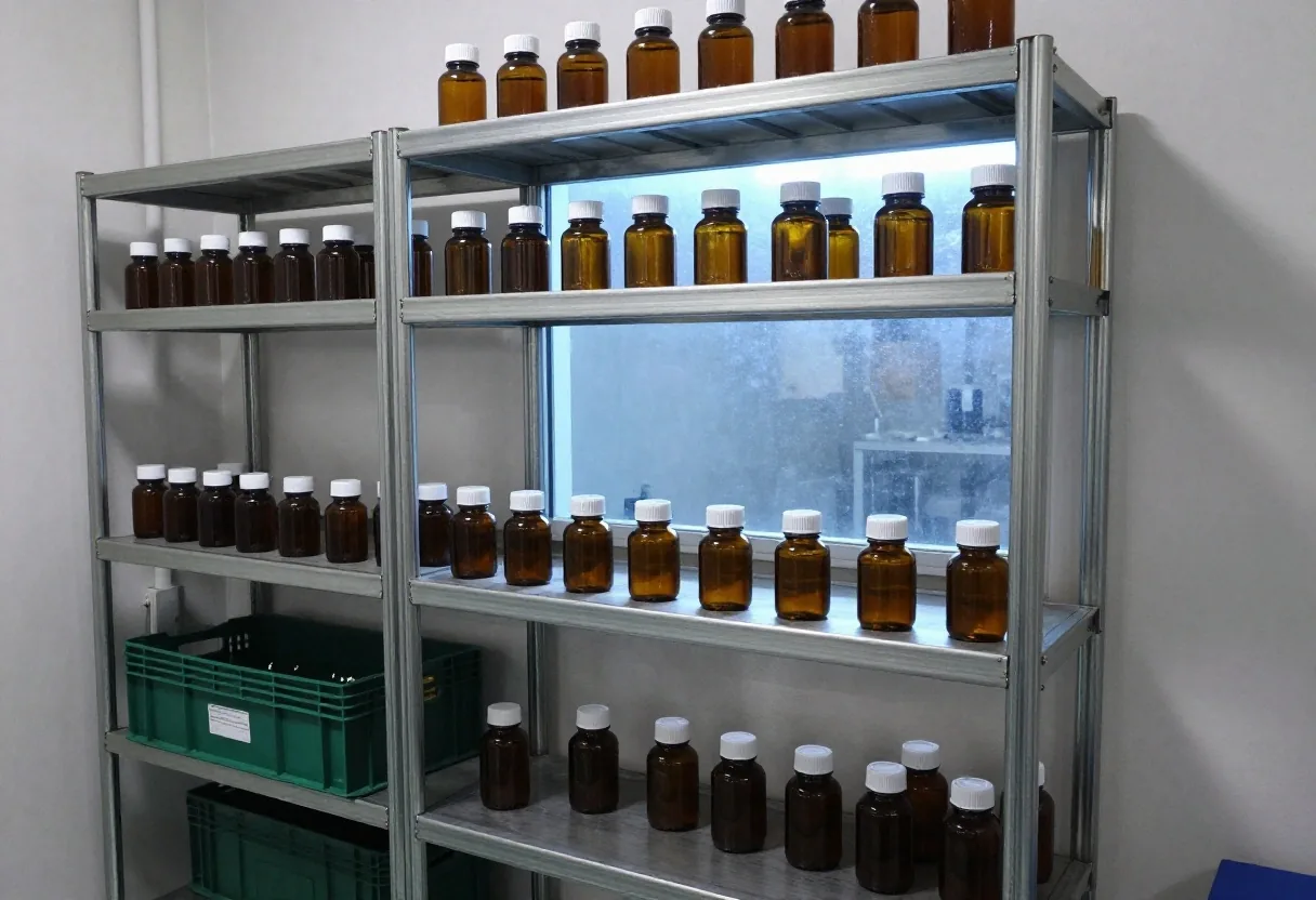 Brushed steel shelving holding sealed amber glass jars in a low-lit extract lab interior