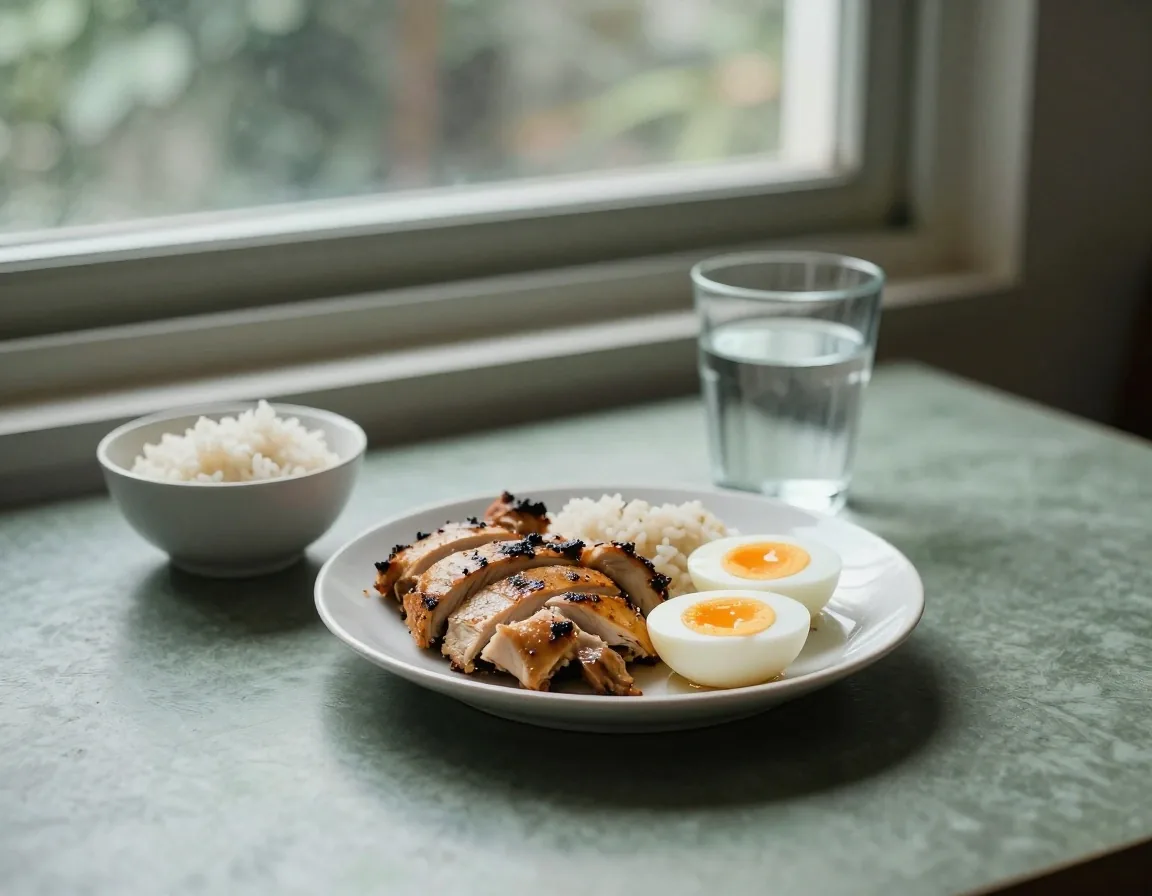 A dark plate with grilled chicken, boiled eggs and tempeh photographed from above