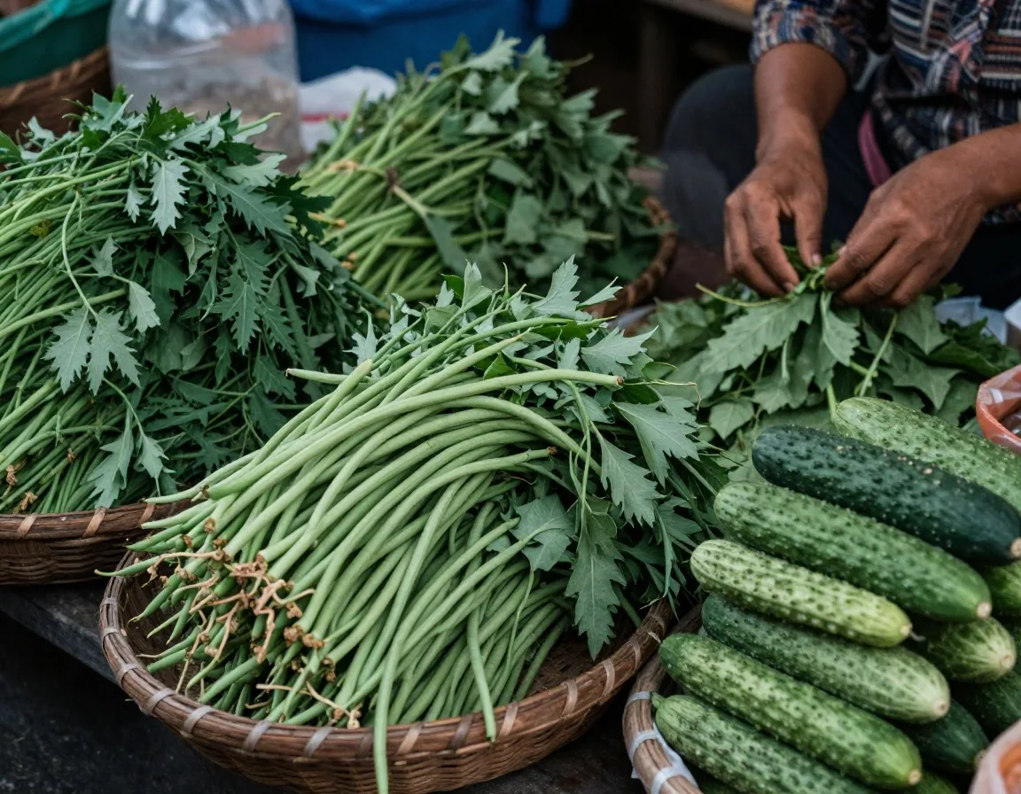 Bundles of kangkung, green beans and cucumber stacked in baskets at a morning market