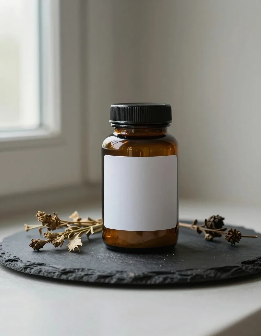 Amber glass supplement jar and a pressed dried botanical on a dark board, lit from one side