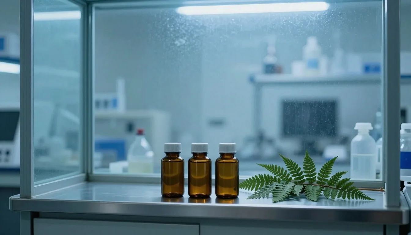 Extract-lab shelf at dawn with amber supplement jars and a pressed fern specimen