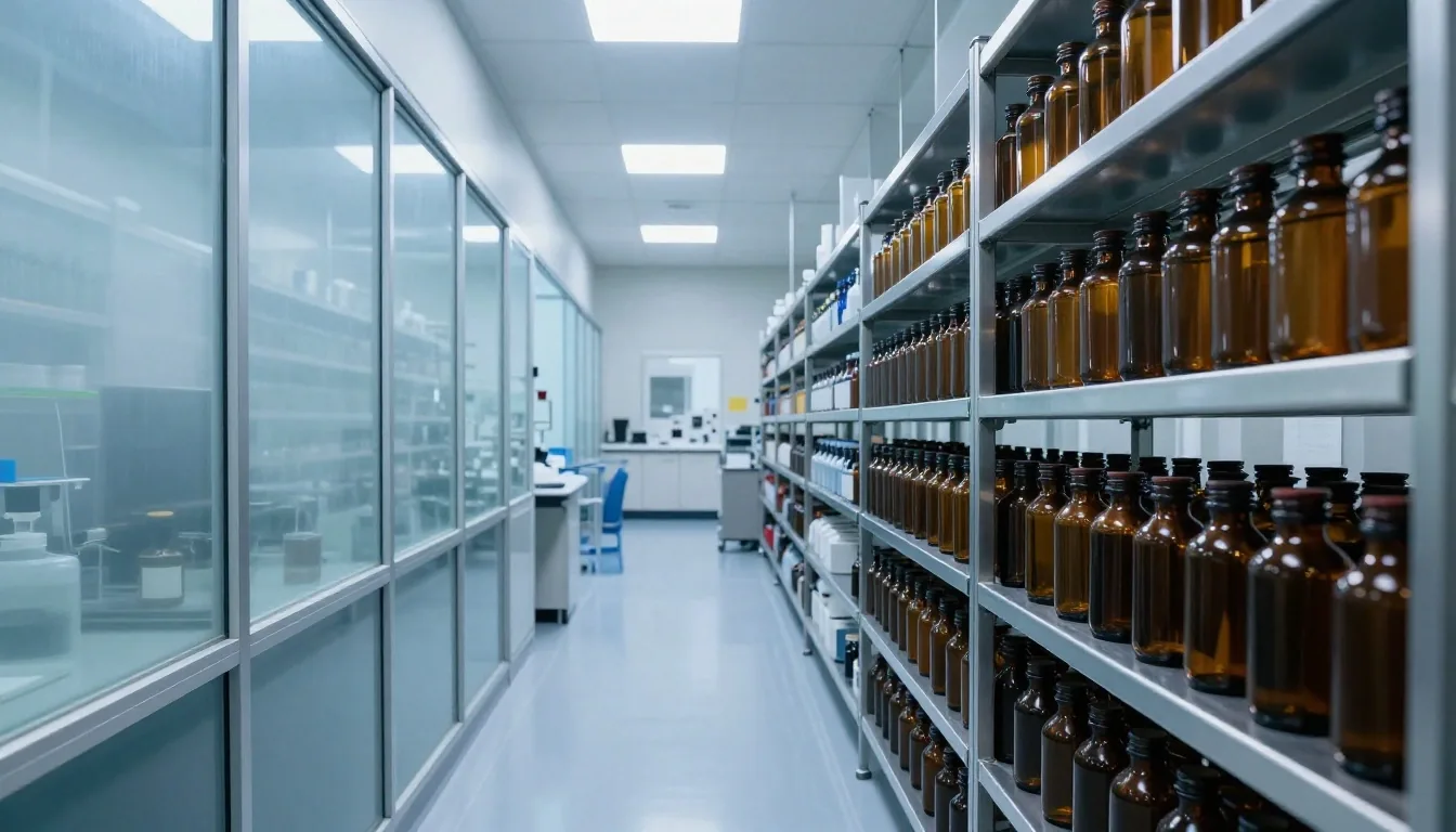 Extract-lab corridor with hazed glass panels and steel shelving of amber bottles