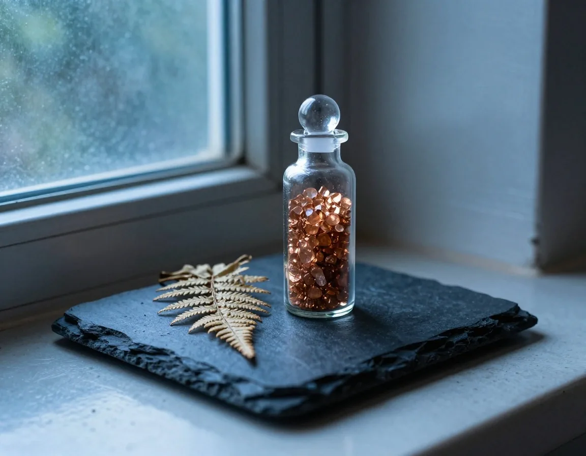 Glass vial of copper-toned mineral granules on a graphite lab bench beside a fern frond